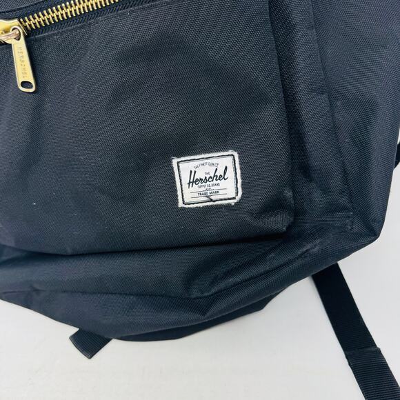 Herschel Classic Black Backpack Gold Zippers Logo Patch Laptop Bag Utility Basic - Picture 2 of 13